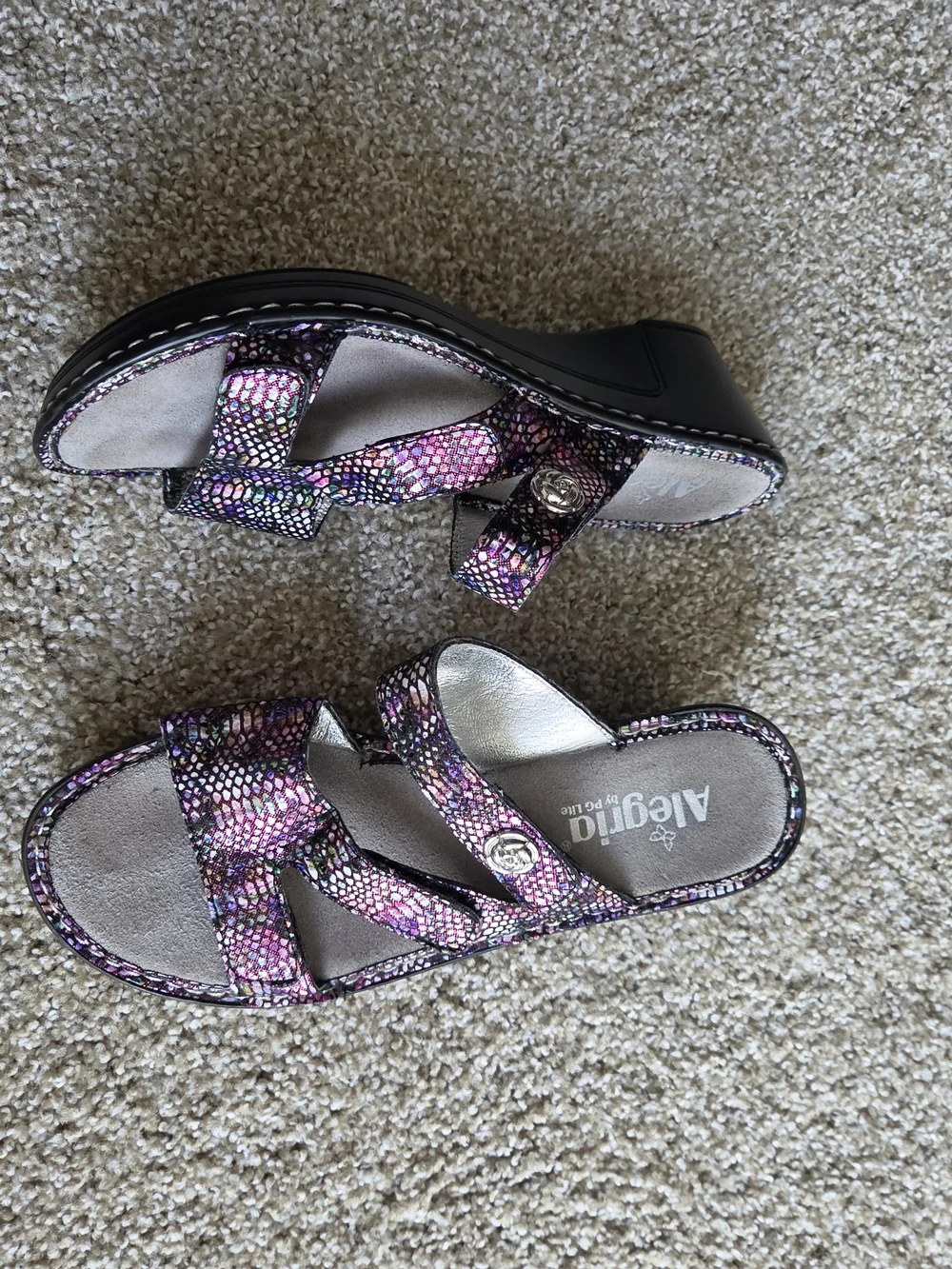 Alegria Multicolor Snake-Print Slip-On Sandals